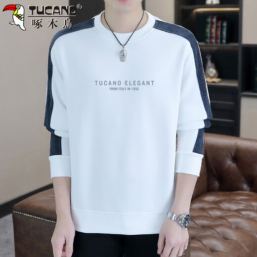 Woodpecker (TUCANO) sweatshirt men's casual round neck long-sleeved t-shirt men's bottoming shirt autumn and winter coat loose top white XL