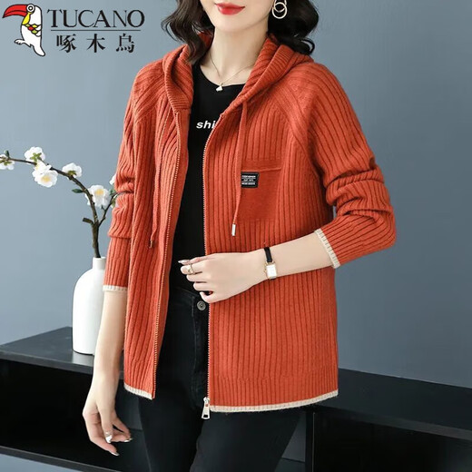 
Woodpecker's new knitted sweatshirt for women with hooded Korean style zipper sweater cardigan baseball uniform jacket hoodie women's outer wear spring and autumn navy blue XS