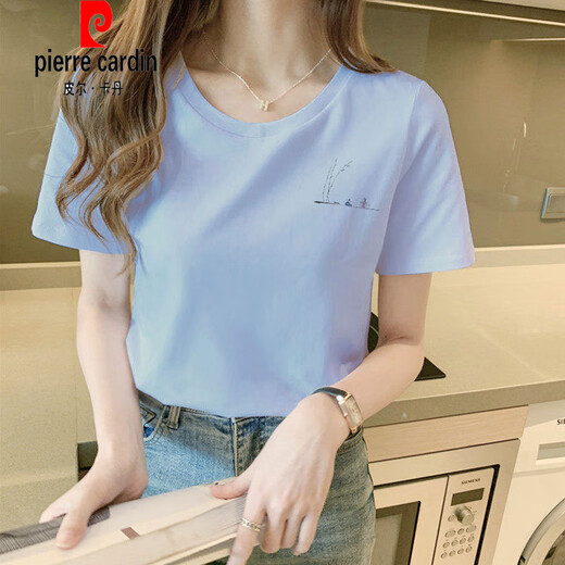 皮尔卡丹（pierre cardin）奶杏色正肩国风棉质短袖t恤女宽松基础体恤夏季2025年新款上衣针 6172烟熏紫 M (建议80-105斤)