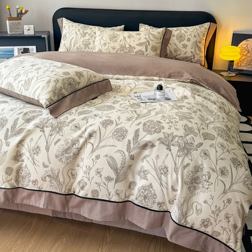 Light luxury 100-count thickened cotton brushed four-piece set pure cotton autumn and winter warm bed sheet quilt cover and fitted sheet three-piece set, rich in love, skin-friendly and soft, 1.8m bed sheet four-piece set