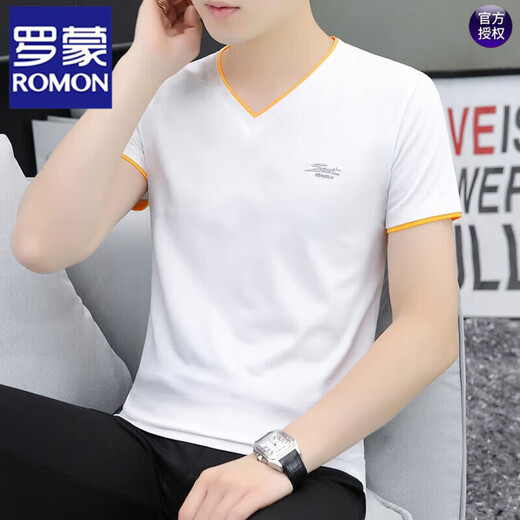 罗蒙（ROMON）青年棉v领半袖t恤男士夏季新款男士新款纯色鸡心领短袖t恤衫帅气 黑色 QY691 4XL 170-185斤