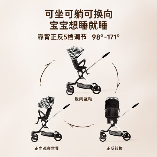 Tiger Bell (HBR) baby walking artifact is lightweight, foldable, two-way, high landscape, sitable and reclining stroller, city stroller, black and white grid