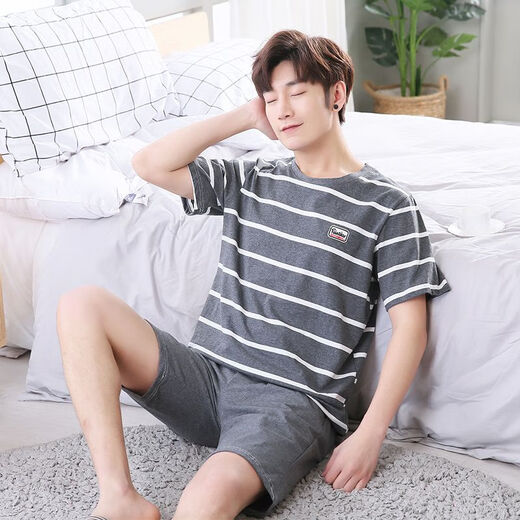 Mu fengqing pijama para hombres en mangas cortas delgadas de algodón de algodón de verano más grasa talla grande puede usar traje de ropa para el hogar de los hombres jóvenes 9928 [h