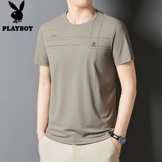 Playboy Summer Men's Short-Sleeved T-Shirt for Middle-aged and Young People's New Jinmu Ice Silk Comfortable Cool Thin Half-Sleeve Casual Top Dark Gray 733 (Cool Fabric) XL 180 Size [Suggested 140-155 Jin [Jin equals 0.5 kg]