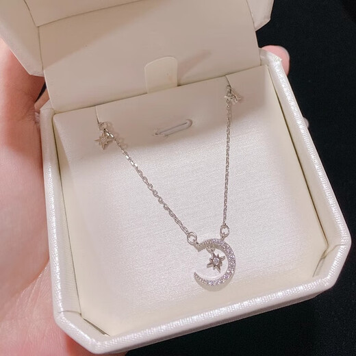 KZD Old Phoenix Pure Silver 9999 Moon Silver Necklace Accessories Women's Light Luxury Niche Style New Girlfriend's Birthday Moon Pure Silver Necklace Silver Lao Fengxiang Same Style Bow Gift Box/Certificate + Silver Polishing Cloth