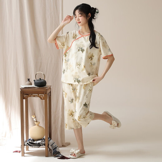 Langsha Nouveau pyjamas chinois pour femmes en été imitation d'été Coton Sleeves 2025 Style chinois pliant des vêtements inférieurs décontractés 9902 M