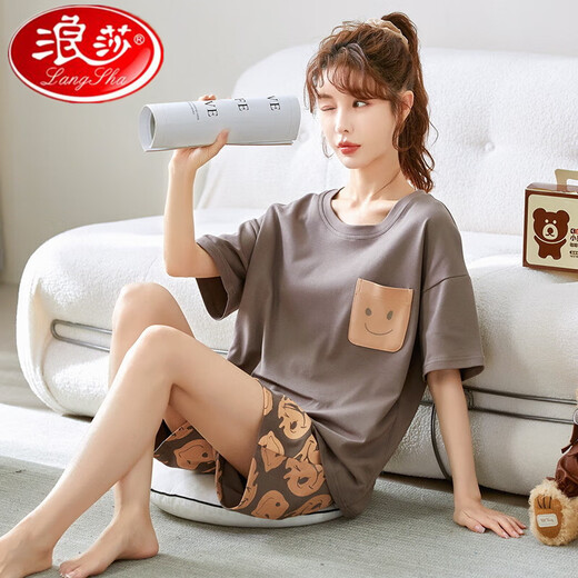 浪莎睡衣女夏季纯棉薄款可爱韩版学生短袖两件套装春秋宽松夏天家居服 栗色GXT6636图色 L码(建议95-115斤) 均码