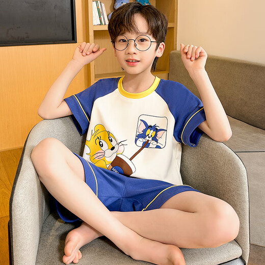 EMBERLOVE2025新款男童夏季睡衣套装纯棉短袖短裤薄款青少年男孩儿童家居服 K6626【双短】 160 M码，155-160cm