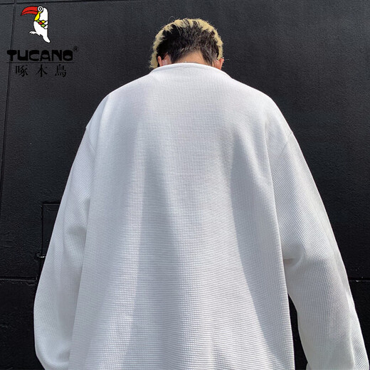 Woodpecker (TUCANO) Henry collar waffle long-sleeved men's autumn American heavy base shirt spring and autumn style lazy style Japanese sweatshirt floral gray 5XL