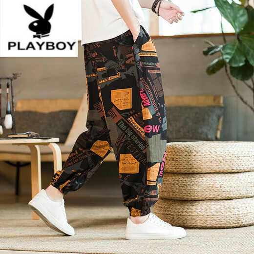 Playboy (PLAYBOY) linen summer men's printed bloomers loose trousers nine-point harem casual pants large size wind flower pants K299 Thai style blue 2XL [recommended 160-170Jin [Jin equals 0.5 kg]]