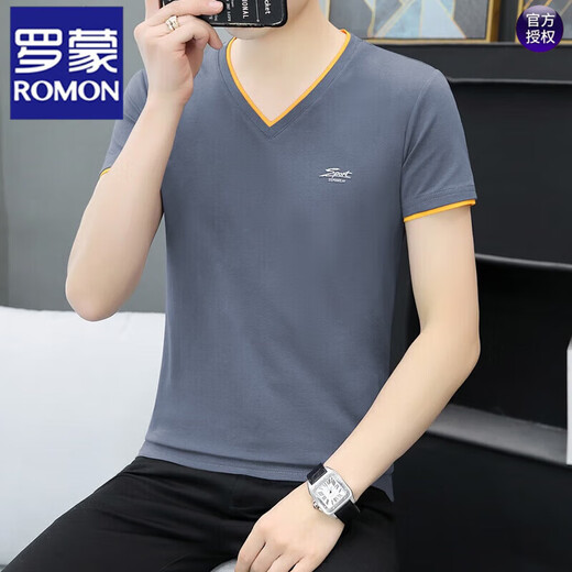 罗蒙（ROMON）青年棉v领半袖t恤男士夏季新款男士新款纯色鸡心领短袖t恤衫帅气 黑色 QY691 4XL 170-185斤