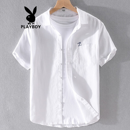 
Playboy (PLAYBOY) men's high-end linen shirt summer trendy brand thin cotton linen top men's casual short-sleeved T-shirt summer clothes yunyi-9711 white 3XL