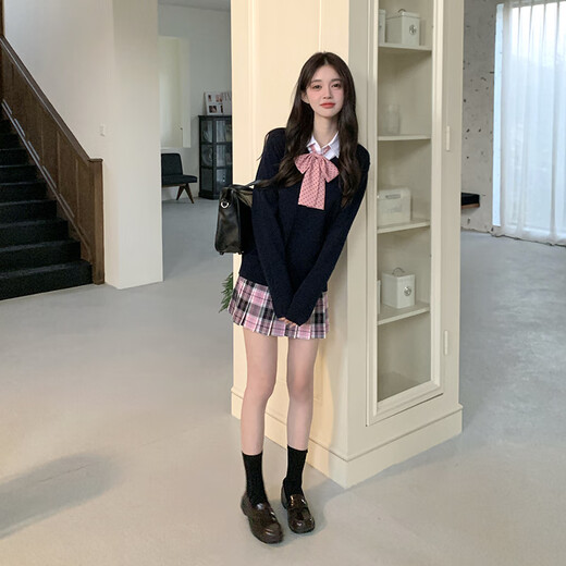 东鲸岁时记东鲸岁时记jk早春毛衣套装学生V领套头长袖针织衫学院风校供格裙 粉色格裙39cm XS