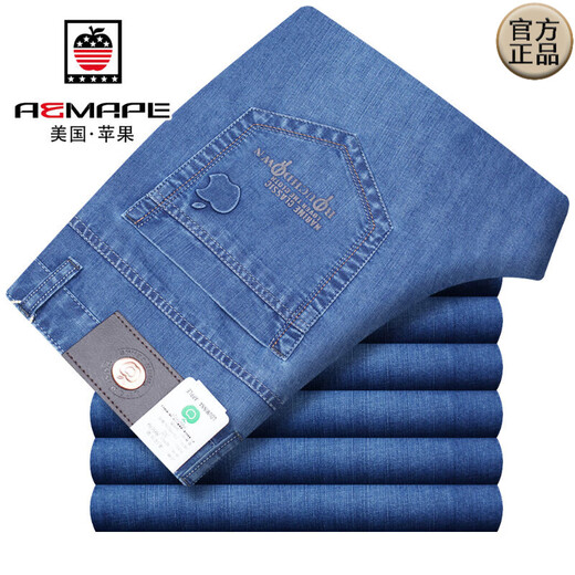 Aemape Apple Jeans Men's Spring, лето и осенний стиль среднего возраста Страж Странство с высокой эластичной повседневной папой Джинсы светлый голубой 5155 34 (2 фута 7 талии)