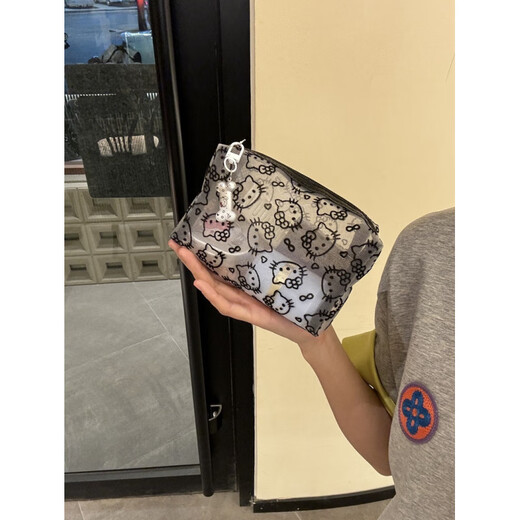 Simple and cute black mesh kitty cosmetic bag, portable large-capacity storage bag, hand-held makeup bag, stain-resistant, black flocked mesh kitty bag + small bones