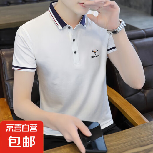 2025夏季新款男士短袖Polo衫纯棉半袖翻领t恤男休闲上衣刺绣T潮流 Q673白色 纯棉高档 3XL 建议150-170斤