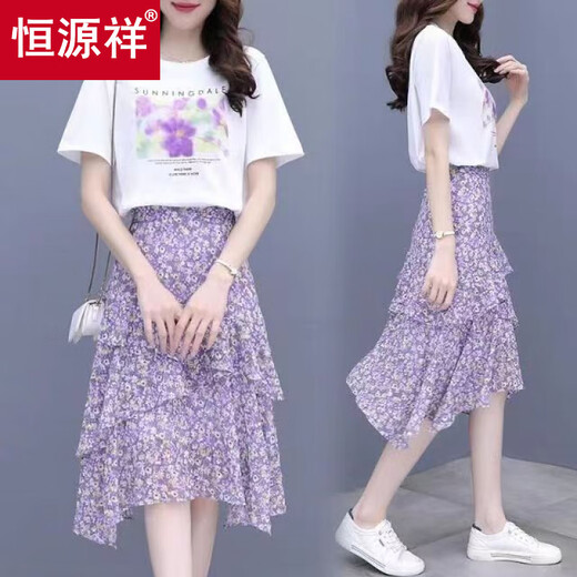 恒源祥印花T恤雪纺碎花半身裙套装女夏季新款时尚洋气不规则两件套装裙 9898#紫雪纺半身裙(单件) S 建议90斤以下