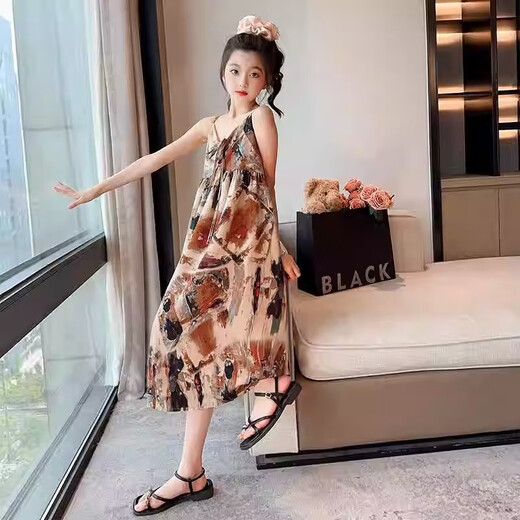奥特曼儿童装女童吊带裙夏装2025新款夏季洋气连衣裙大童雪纺沙滩裙子S 圣托日落黄 120 cm
