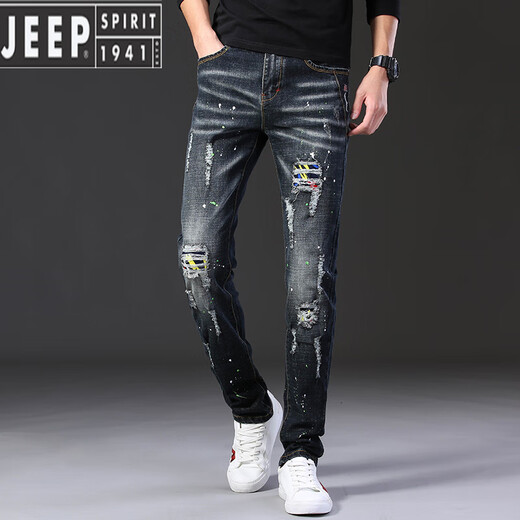 JEEP SPIRIT夏季薄款破洞牛仔裤男士痞帅潮牌弹力2025新款修身小脚潮流长裤男 687黑色 32