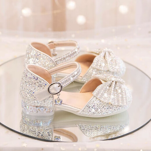 G.DUCKKIDS Little Yellow Duck Children's Shoes Girls Sandals New Children's Shoes Summer Little Girls Crystal Shoes High Heels Baby Leather Shoes Silver 36 Inner Length 21.5CM