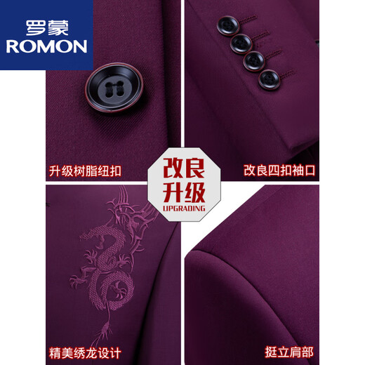 ROMON Chinese tunic suit for young men with embroidered dragon, slim fit Chinese stand collar suit, Chinese style groom, Chinese style wedding banquet, black embroidered dragon top + pants S 165 Leave a message for order Height and weight