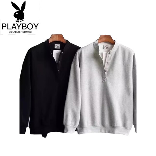 Playboy (PLAYBOY) Japanese retro autumn and winter men's Henry collar long-sleeved bottoming shirt casual loose pullover sweatshirt thickened large size men's trendy gray model high quality regular M