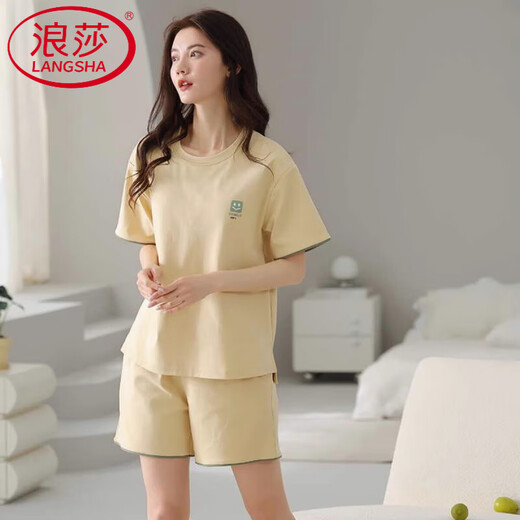 浪莎（LangSha）轻奢睡衣女夏季棉短袖短裤简约休闲棉薄款可外穿家居服套装 Z9859 XL 120-140斤