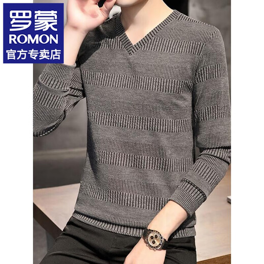 Luo Meng long-sleeved T-shirt men's spring and autumn Korean style fashionable slim bottoming shirt casual and versatile thin V-neck knitted T-shirt top D026 gray marked 2XL push 145-160Jin Jin is equal to about 0.5 kg