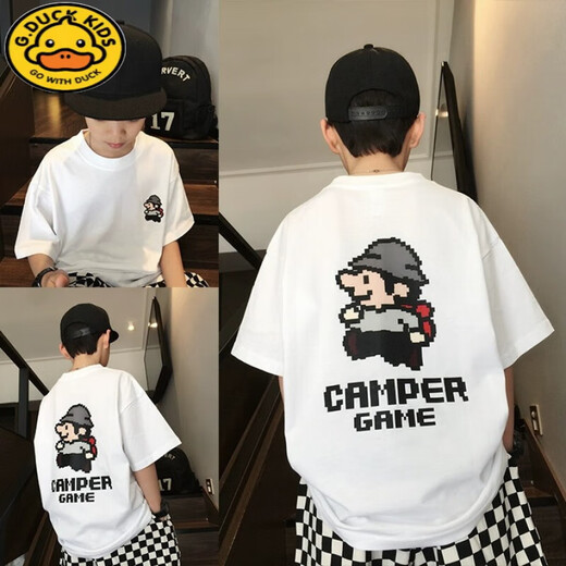 G.DUCKKIDS boys T-shirt summer pure cotton short-sleeved children's street dance trendy summer half-sleeved 2025 big children's street loose top CT683# blue 100 [Suggested 90-100 cm]