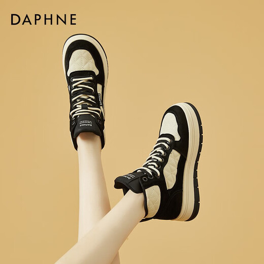 达芙妮（DAPHNE）厚底高帮老爹鞋女新款女鞋春秋款百搭学生休闲运动熊猫板鞋 黑色 单层 跟高4.5cm 38 (240mm)