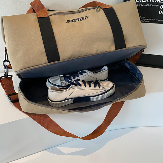 Xin Fangshuai large-capacity short-distance travel bag luggage bag portable sports fitness bag clothing storage bag can be worn cross-body trolley case khaki fitness travel bag