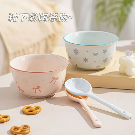New underglaze color ceramic bowl and tableware set girly ins style ceramic bowl and spoon piglet two bowls two spoons
