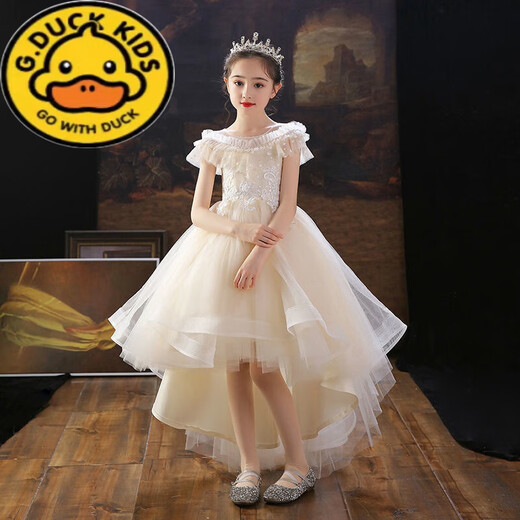 G.duck vestido para niños vestido de princesa vestido de novia de niña de las flores de primavera y verano actuación de piano falda tutú de niña de estilo extranjero vestido de niña blanca suscripción larga corona gratuita 150 cm
