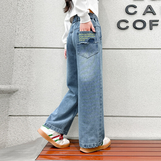 
Wooden wooden house girls' pants children's casual pants jeans spring and autumn clothing medium and large children's loose straight wide-leg pants blue 160
