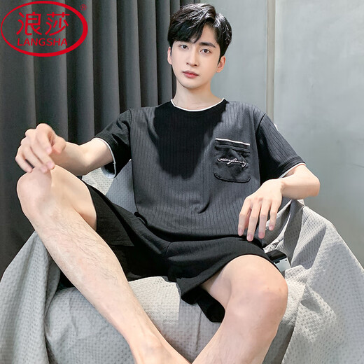浪莎（LangSha）中老年爸爸男士纯棉睡衣夏季短袖短裤薄款老人夏天两件套装可外穿 NJR-HDE9928 L 柔软亲肤，舒适纯棉