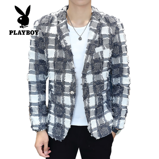 Playboy (PLAYBOY) suit jacket men's spring and autumn hairstylist slim nightclub handsome small suit Korean style trendy raw edge design top white M recommended weight 95-110Jin Jin is equal to 0.5 kg