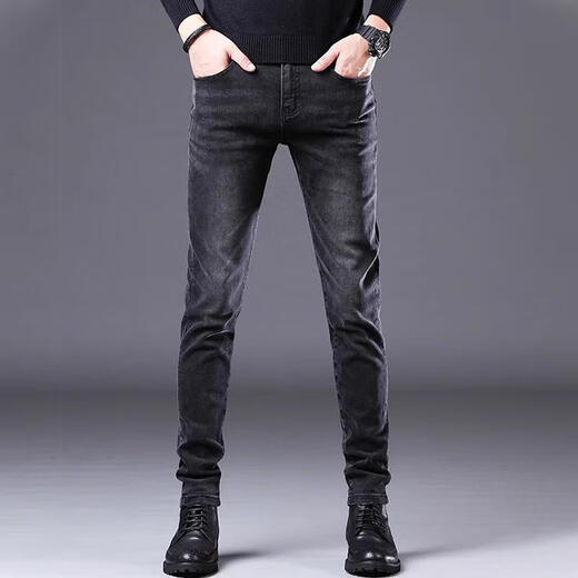 Jiumu Wang Qiu Plus Velvet Jeans für Männer 2024 Herbst und Winter Neue schlanke kleine Füße Winter Trendy Casualhose für Männer schwarz 1048 28 Taillenumfang 2 Fuß 1 geeignet für 100 Jin [Jin gleich 0,5 kg]