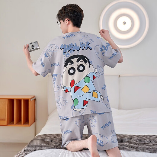 无季棉品夏季睡衣男士纯棉短袖短裤青年男生薄款休闲大码可外穿家居服套装 6625蓝绿恐龙发一套 M 男码80-100斤