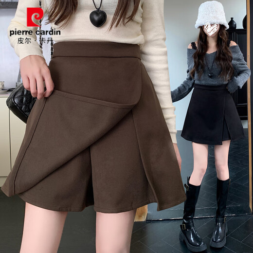 Pierre Cardin fat mm plus size 2025 autumn and winter new small slit culottes early autumn woolen high waist slim versatile A-line shorts for women coffee color L recommended 105-120 Jin Jin equals 0.5 kg