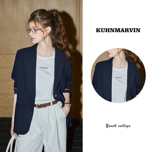 KUHNMARVIN chic niche design suit jacket for women 2025 autumn new style temperament OL commuting small suit K20018 Navy blue S