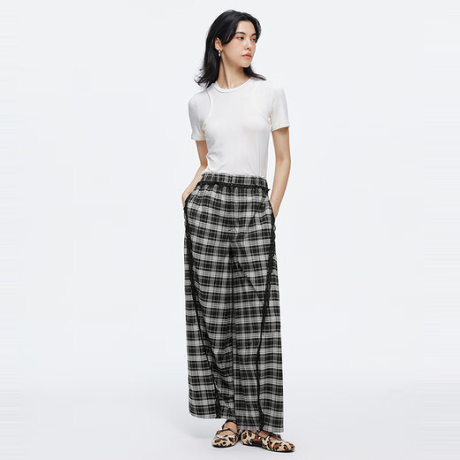 moussy 2025夏季新品休闲慵懒风蕾丝花边宽松休闲裤028ISA31-3551 025花纹黑色 S