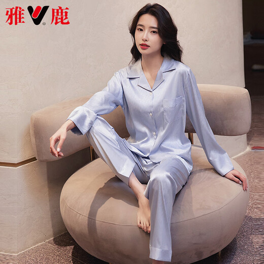 雅鹿轻奢睡衣女春夏季冰丝长袖感可外穿新款夏天宽松家居服套装 6623浅蓝 M