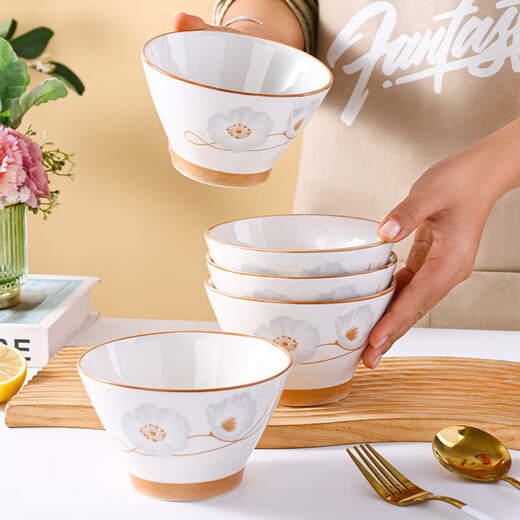 Ceramic bowl for home use 2024 new style festive housewarming new home dishes and tableware set years of peace and quiet rice bowl years of peace and quiet 6-piece bamboo hat bowl 5 inches