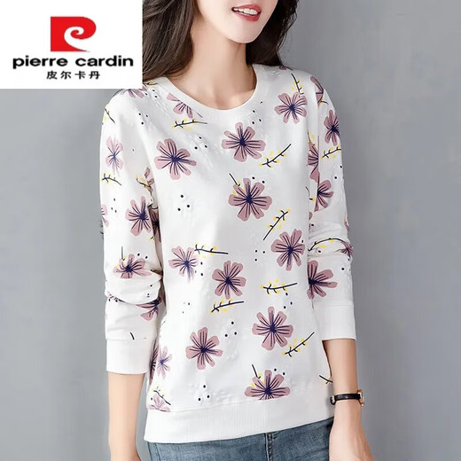 皮尔卡丹（pierre cardin）纯棉长袖T恤女秋冬薄款白色印花上衣女士宽松中年大码显瘦外套 E9227羽毛 M 【建议80-95斤】
