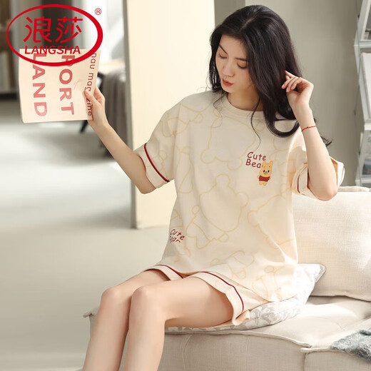 浪莎（LangSha）睡衣女款夏季纯棉短袖短裤可外穿2025年新款全棉家居服套装 9855 品牌纯棉 M 建议80-100斤穿