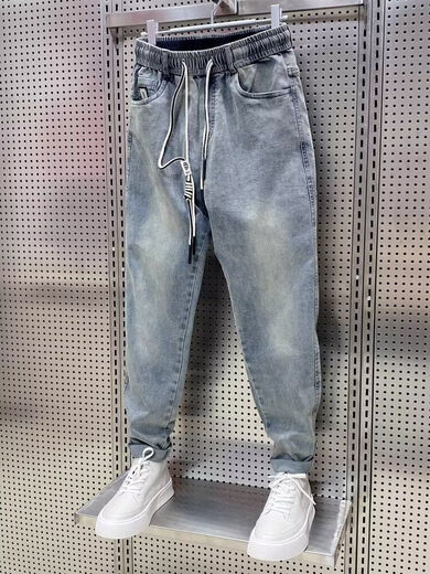 [Lose und vielseitig] Sommerdünne Herren Jeans Harem Hosen Retro Elastic Taille Wash Casual Hosen kleine Füße Hosen Blau 3xl