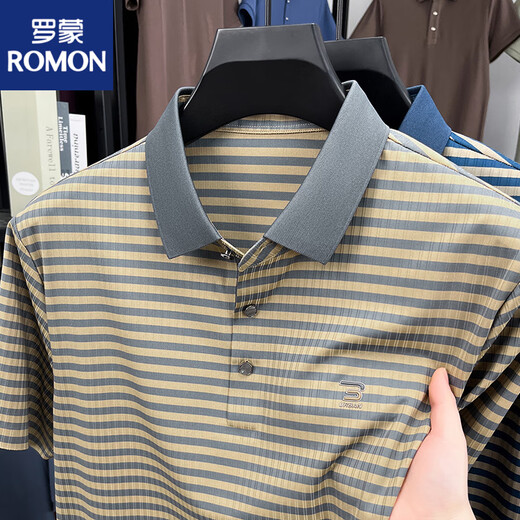 罗蒙（ROMON）新款夏季冰丝短袖t恤男士撞色条纹休闲翻领POLO衫凉感上衣爸爸装 蓝色 GR-9207【冰丝凉感】 M 48 (适合95-115斤)