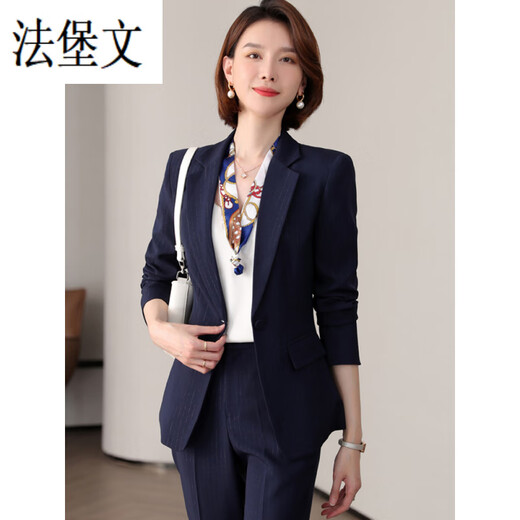 法堡文西服商务大码条纹西装外套女夏季薄款女神范套装感面试正装中袖工 9922长·袖绿色西装 S