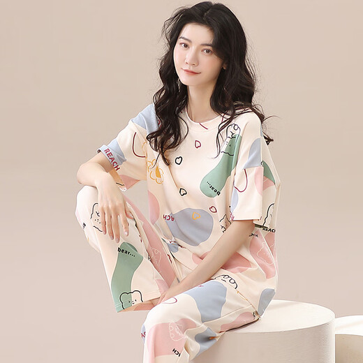 雅鹿纯棉睡衣女春夏短袖长裤休闲宽松女韩版家居服秋季可外穿套装凉感 品牌T-9716(短袖长裤) L (105-125斤)