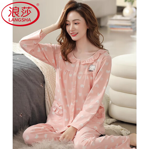 浪莎（LangSha）睡衣女士春秋季秋款纯棉长袖全棉秋冬薄款家居服中年大码妈妈套装 C9215丁香褐 3XL (建议160-180斤)